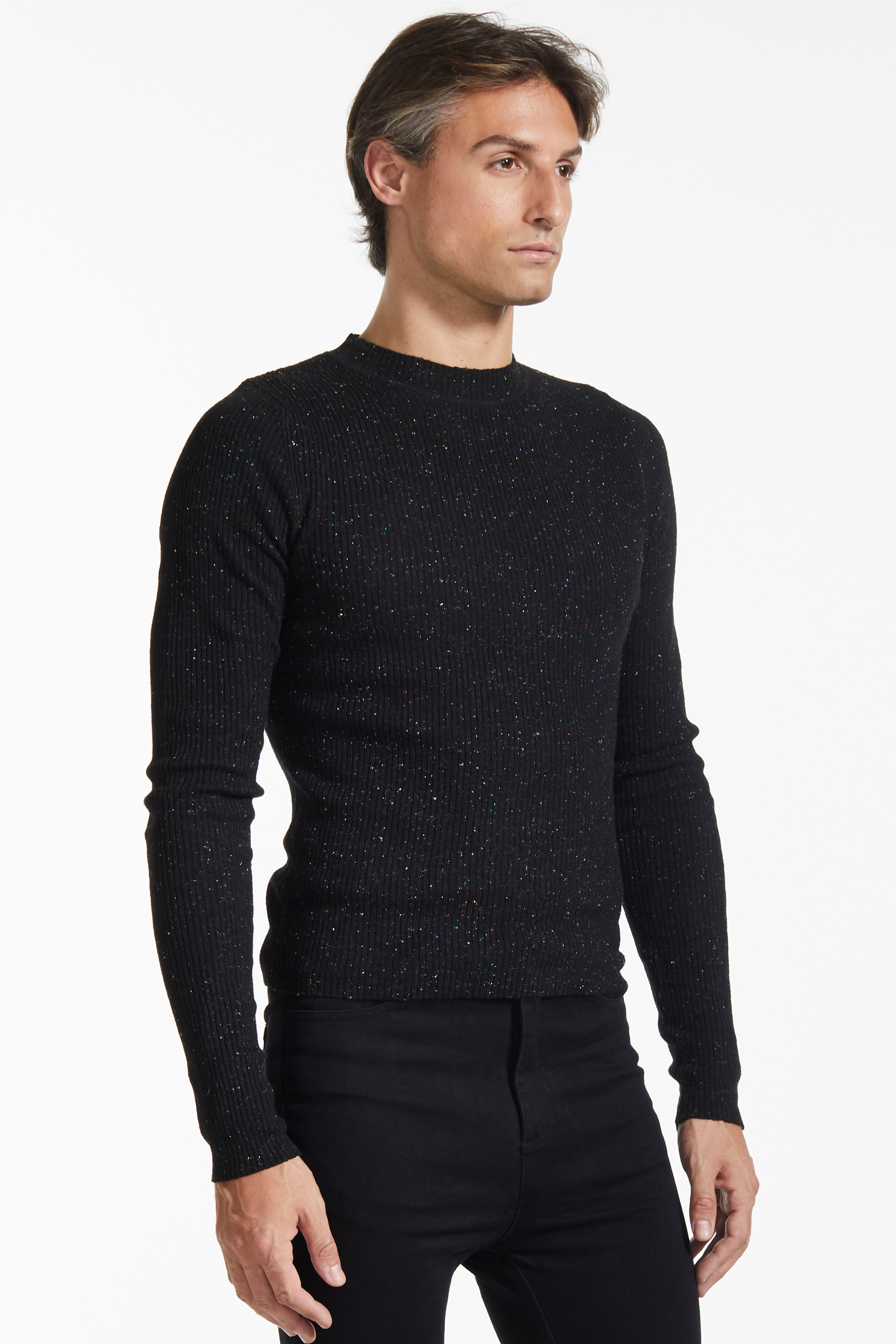 Multi-Color Donegal Ribbed Crewneck Sweater - Black