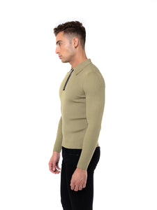 Long Sleeve Knitted Polo with Exposed Zipper - Olive