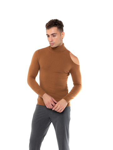 Load image into Gallery viewer, Cashmere Shoulder Cut-Out Turtleneck Sweater - Brown