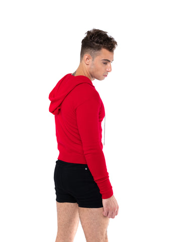 Load image into Gallery viewer, Wool Cropped Hoodie with Rhinestone Drawstring - Red