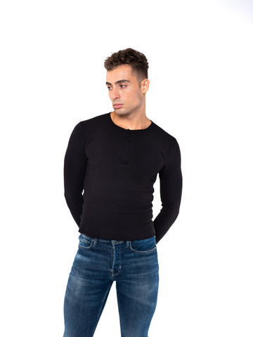 Load image into Gallery viewer, Essential Waffle Long Sleeve Henley Shirt - Black