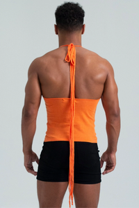 Self-Tie Halter Knit Tank with Back Straps - Orange